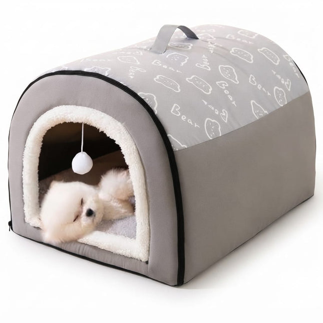 HMA Dog and cat Enclosed Pet Cave House 60x45x37cm Soft Warm Indoor Tent Bed with Hanging Toy for Cats Kittens and Small Dogs Grey