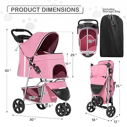 HMA Dog and cat Foldable and Portable small Dog Stroller up to 20 kg Pink