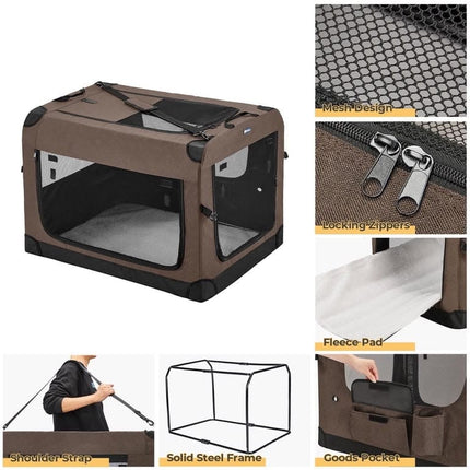 HMA Dog and cat Foldable Soft-Sided Dog Crate and Travel Carrier with Mesh Windows 57× 38 ×45 cm Brown