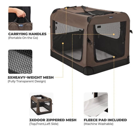 HMA Dog and cat Foldable Soft-Sided Dog Crate and Travel Carrier with Mesh Windows 57× 38 ×45 cm Brown