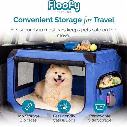 HMA Dog and cat Foldable Soft-Sided Dog Crate and Travel Carrier with Mesh Windows 78× 58 ×53 cm Blue with Free Collar