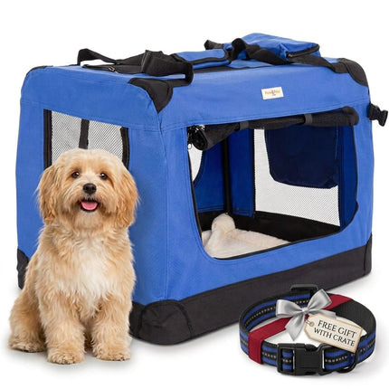 HMA Dog and cat Foldable Soft-Sided Dog Crate and Travel Carrier with Mesh Windows 78× 58 ×53 cm Blue with Free Collar