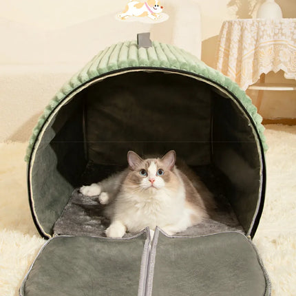HMA Dog and cat Hello Leiboo Cozy Covered Cat House Soft Plush Enclosed Pet Tent and Cave Bed with Removable Cushion Green/Grey