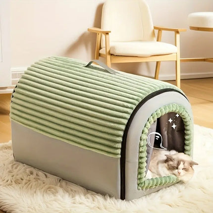 HMA Dog and cat Hello Leiboo Cozy Covered Cat House Soft Plush Enclosed Pet Tent and Cave Bed with Removable Cushion Green/Grey