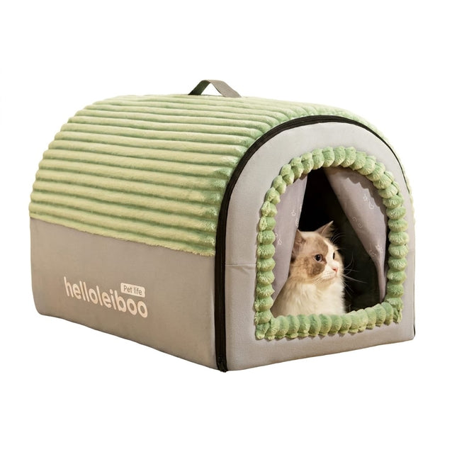 HMA Dog and cat Hello Leiboo Cozy Covered Cat House Soft Plush Enclosed Pet Tent and Cave Bed with Removable Cushion Green/Grey