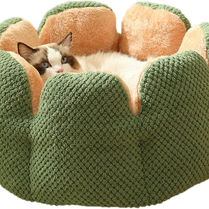 HMA Dog and cat Plush Flower Pet Bed Soft Fluffy Green and Beige Calming Cat and Small Dogs Cuddler Nest with Raised Petal Rim 55 × 55 cm