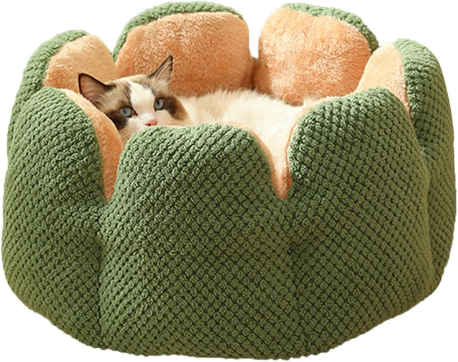 HMA Dog and cat Plush Flower Pet Bed Soft Fluffy Green and Beige Calming Cat and Small Dogs Cuddler Nest with Raised Petal Rim 55 × 55 cm
