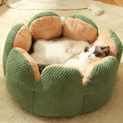 HMA Dog and cat Plush Flower Pet Bed Soft Fluffy Green and Beige Calming Cat and Small Dogs Cuddler Nest with Raised Petal Rim 55 × 55 cm