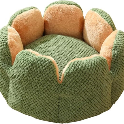 HMA Dog and cat Plush Flower Pet Bed Soft Fluffy Green and Beige Calming Cat and Small Dogs Cuddler Nest with Raised Petal Rim 55 × 55 cm