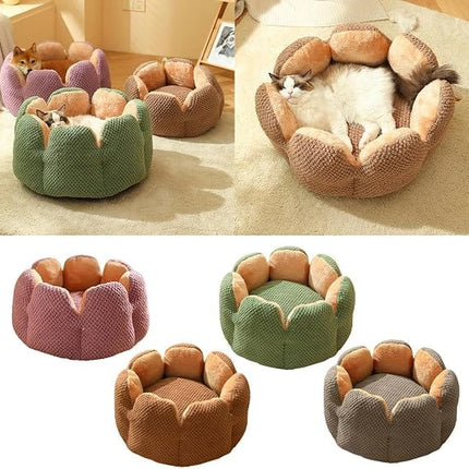 HMA Dog and cat Plush Flower Pet Bed Soft Fluffy Green and Beige Calming Cat and Small Dogs Cuddler Nest with Raised Petal Rim 55 × 55 cm