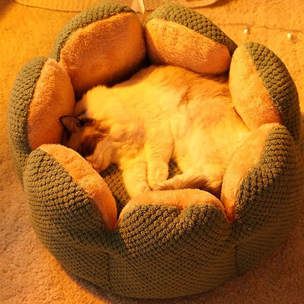 HMA Dog and cat Plush Flower Pet Bed Soft Fluffy Green and Beige Calming Cat and Small Dogs Cuddler Nest with Raised Petal Rim 55 × 55 cm