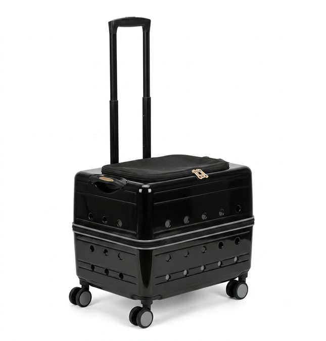 HMA Dog and cat Wheeled Pet Carrier Suitcase Portable Trolley Travel Carrier for Cats And Small Dogs 51 × 35 × 37 cm Glossy Black