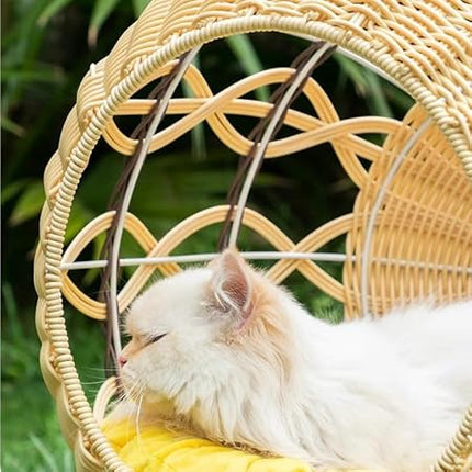 HMA Dog and cat Wicker Hanging Cat Bed Basket with Soft Yellow Cushion and Stand