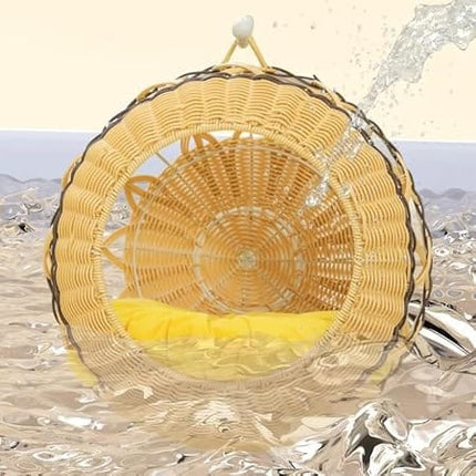 HMA Dog and cat Wicker Hanging Cat Bed Basket with Soft Yellow Cushion and Stand