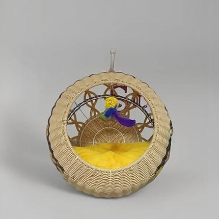 HMA Dog and cat Wicker Hanging Cat Bed Basket with Soft Yellow Cushion and Stand