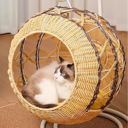 HMA Dog and cat Wicker Hanging Cat Bed Basket with Soft Yellow Cushion and Stand