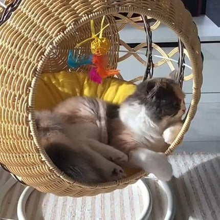 HMA Dog and cat Wicker Hanging Cat Bed Basket with Soft Yellow Cushion and Stand