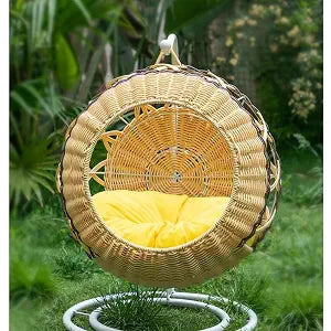 HMA Dog and cat Wicker Hanging Cat Bed Basket with Soft Yellow Cushion and Stand
