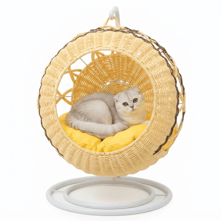 HMA Dog and cat Wicker Hanging Cat Bed Basket with Soft Yellow Cushion and Stand