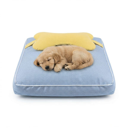 HMA Dog Comfortable Pet Mattress Bed Blue Gingham Dog Cushion with Yellow Bone Pillow Size M 75x55cm