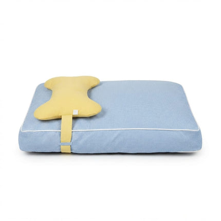 HMA Dog Comfortable Pet Mattress Bed Blue Gingham Dog Cushion with Yellow Bone Pillow Size M 75x55cm
