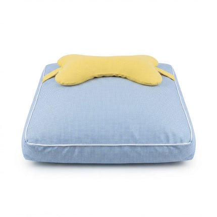 HMA Dog Comfortable Pet Mattress Bed Blue Gingham Dog Cushion with Yellow Bone Pillow Size M 75x55cm