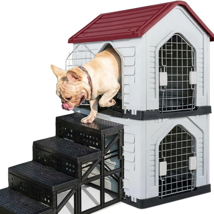 HMA Dog Heavy Duty 2-Tier Plastic Pet House with Stairs and Metal Mesh Doors Durable Pet Condo Cottage 62.5 x 48 x 94 cm Red
