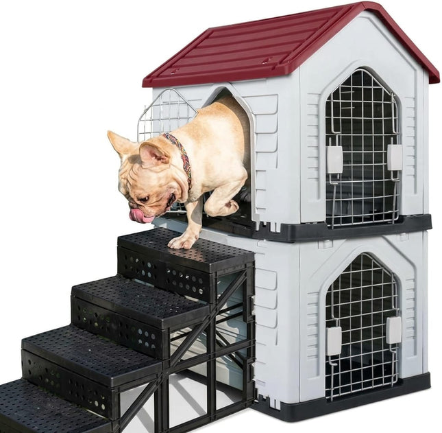 HMA Dog Heavy Duty 2-Tier Plastic Pet House with Stairs and Metal Mesh Doors Durable Pet Condo Cottage 62.5 x 48 x 94 cm Red
