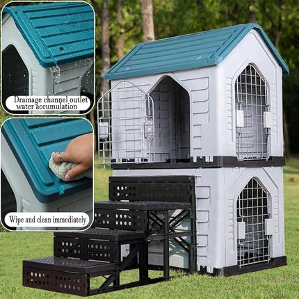 HMA Dog Heavy Duty 2-Tier Plastic Pet House with Stairs and Metal Mesh Doors Durable Pet Condo Cottage 62.5 x 48 x 94 cm Red