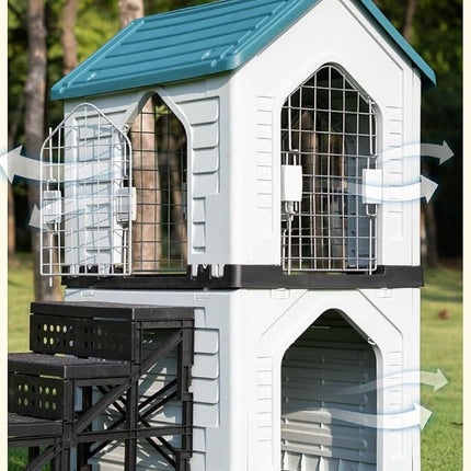 HMA Dog Heavy Duty 2-Tier Plastic Pet House with Stairs and Metal Mesh Doors Durable Pet Condo Cottage 62.5 x 48 x 94 cm Red