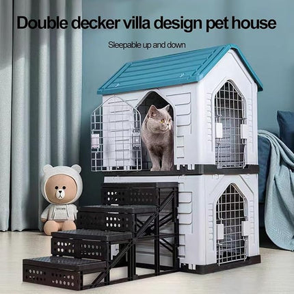 HMA Dog Heavy Duty 2-Tier Plastic Pet House with Stairs and Metal Mesh Doors Durable Pet Condo Cottage 62.5 x 48 x 94 cm Red