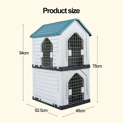 HMA Dog Heavy Duty 2-Tier Plastic Pet House with Stairs and Metal Mesh Doors Durable Pet Condo Cottage 62.5 x 48 x 94 cm Red