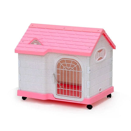 HMA Dog Indoor And Outdoor Plastic Dog House with Lockable Door Weatherproof Pet Kennel with Wheels 63.5L x 46W x 58.5H cm Pink
