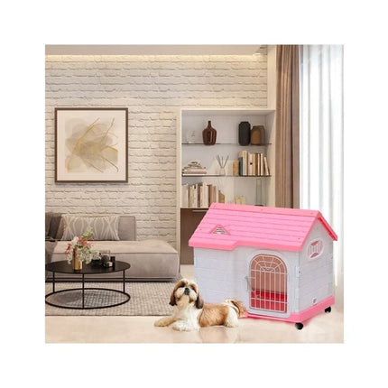 HMA Dog Indoor And Outdoor Plastic Dog House with Lockable Door Weatherproof Pet Kennel with Wheels 63.5L x 46W x 58.5H cm Pink