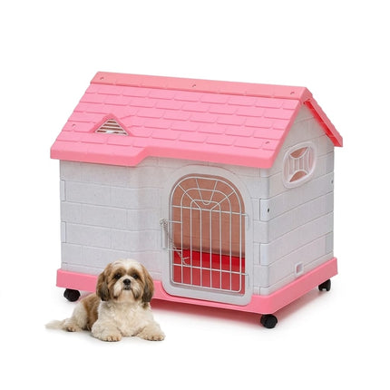 HMA Dog Indoor And Outdoor Plastic Dog House with Lockable Door Weatherproof Pet Kennel with Wheels 63.5L x 46W x 58.5H cm Pink