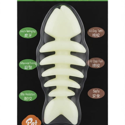 HMA Dog Pet Glow in the Dark Fish Skeleton Chew Toy Safe Dental Teether Off White