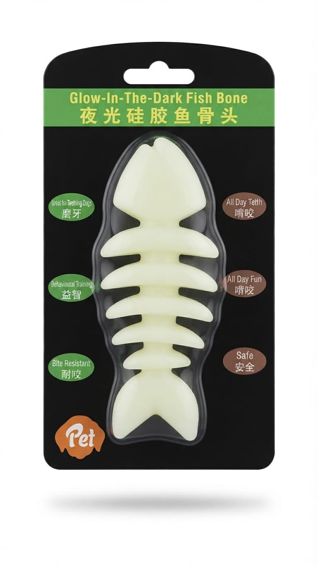 HMA Dog Pet Glow in the Dark Fish Skeleton Chew Toy Safe Dental Teether Off White