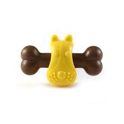 Bone toy for pets made of wood in yellow and brown