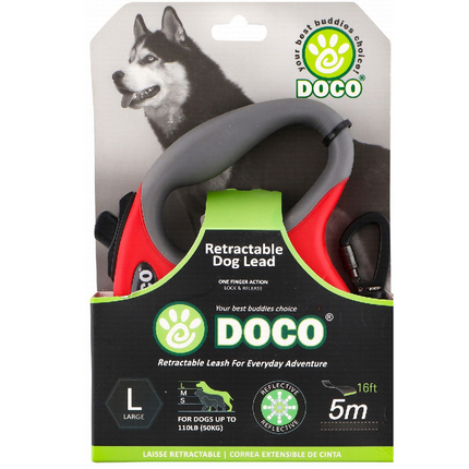Doco Large Red and gray 5m Reflective and Retractable Leash for Dogs Up to 50kg