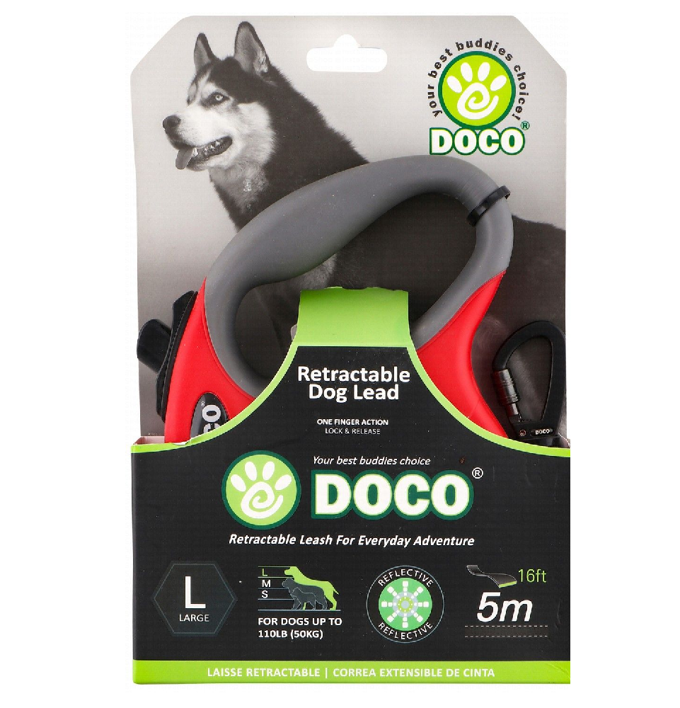 Doco Large Red and gray 5m Reflective and Retractable Leash for Dogs Up to 50kg