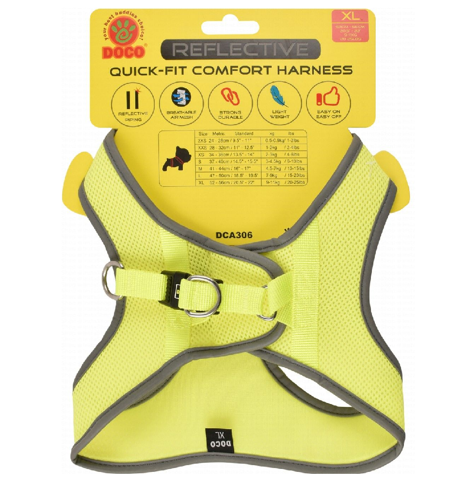 Doco X large Lime Reflective Quick Fit Comfort Dog Harness 52 to 58cm