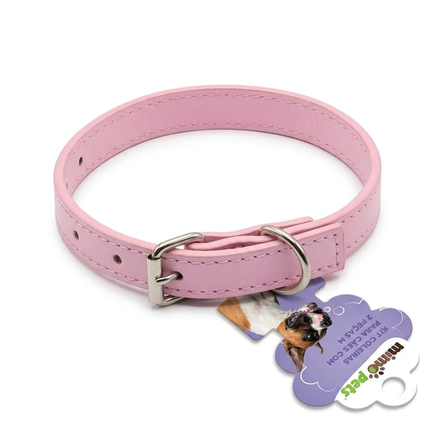 Mimo Pets dog Mimo Pets Genuine Leather Dog Collar Set Adjustable Classic Dog Collar Pink Size 38 cm
