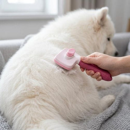 Nunbell Dog and cat Pet Hair Removal Brush Self Cleaning Slicker Brush for Cats and Dogs Pink