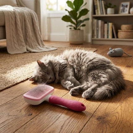 Nunbell Dog and cat Pet Hair Removal Brush Self Cleaning Slicker Brush for Cats and Dogs Pink