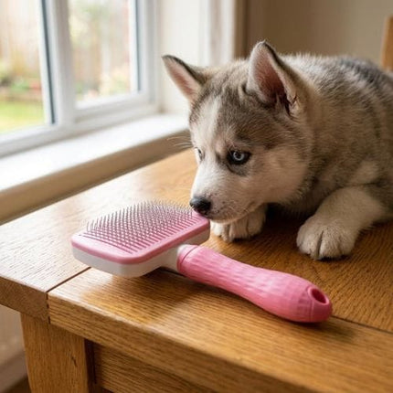 Nunbell Dog and cat Pet Hair Removal Brush Self Cleaning Slicker Brush for Cats and Dogs Pink