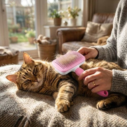 Nunbell Dog and cat Pet Hair Removal Brush Self Cleaning Slicker Brush for Cats and Dogs Pink