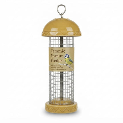 Oakdale Bird Oakdale Ceramic Peanut Feeder Hanging Mesh Wild Bird Feeding Station with Beige Ceramic Top and Base