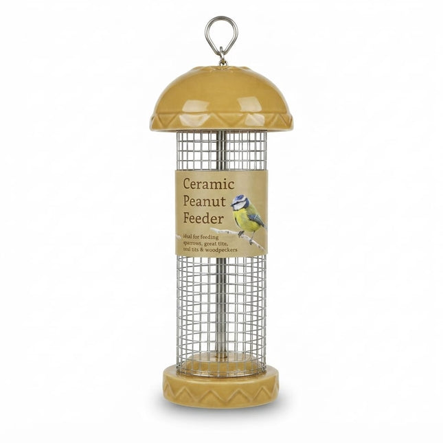 Oakdale Bird Oakdale Ceramic Peanut Feeder Hanging Mesh Wild Bird Feeding Station with Beige Ceramic Top and Base