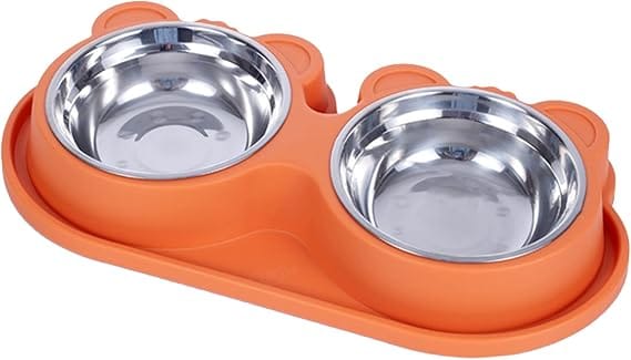 Pete and Pet Dog and cat Double Stainless Steel Bowls for Cats And Small Dogs  Orange