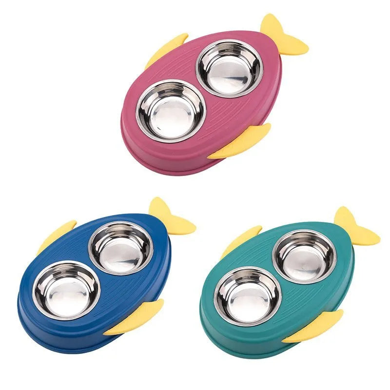 Food and water bowl for cats and dogs with two stainless steel bases